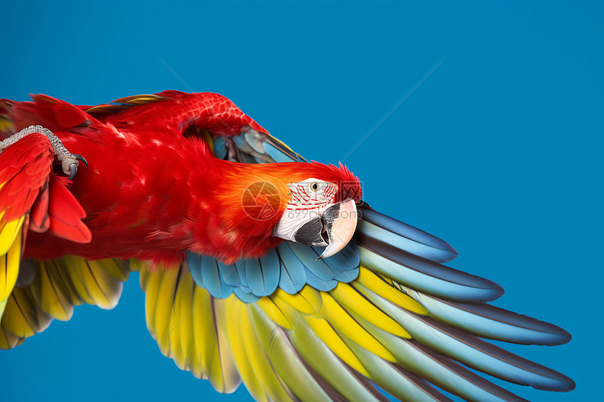 红黄鹦鹉在空中展翅飞翔图片