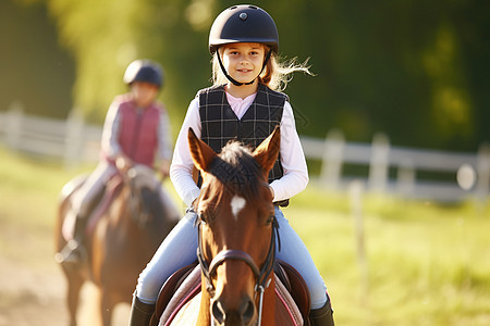 小女孩骑着棕色马匹图片