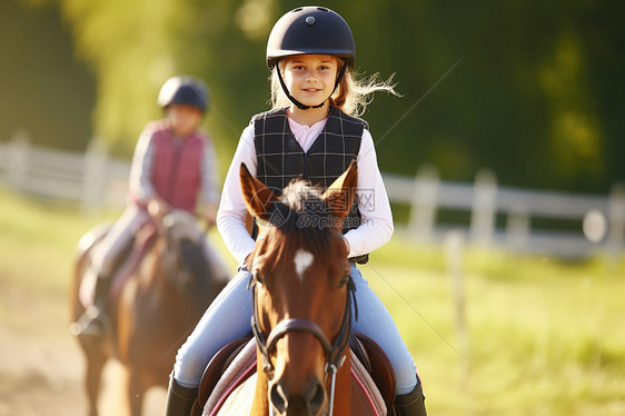 小女孩骑着棕色马匹图片