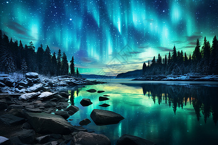 北极天空极光下的湖泊背景