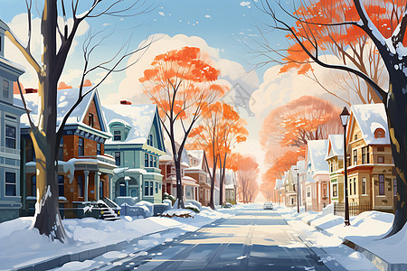 冬日城市风景画背景图片