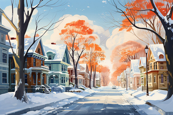 冬日城市风景画图片