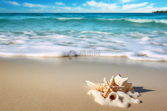 碧蓝天空下的海滩贝壳图片