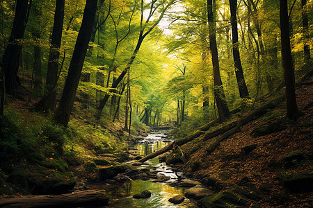 溪流穿过一片郁郁葱葱的森林图片
