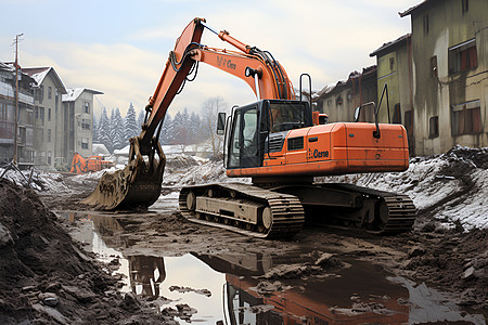 一辆大型橙色挖掘机背景图片