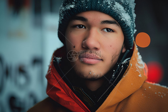 冰雪中戴着帽子的男士图片