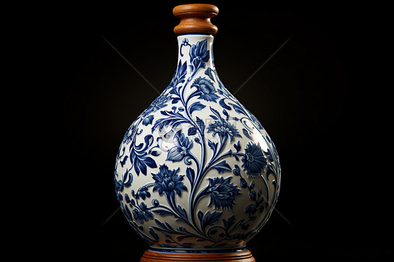 蓝色花朵的瓷器花瓶图片