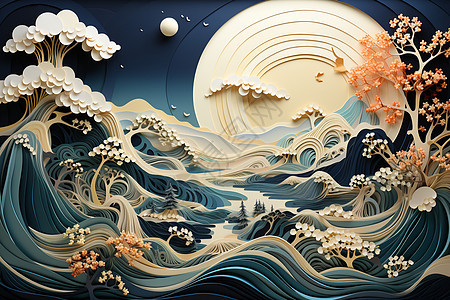 插画的海洋海浪背景图片