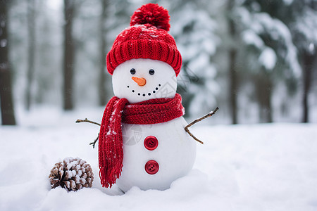 带圣诞帽的雪人雪地里的雪人和松果背景