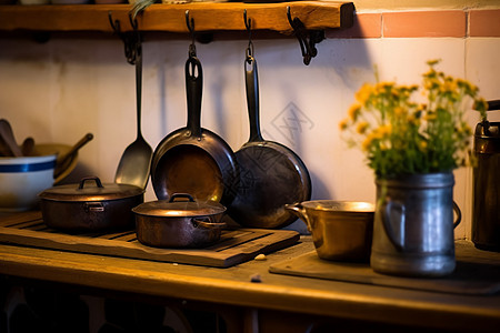 古老的铁锅与美食图片