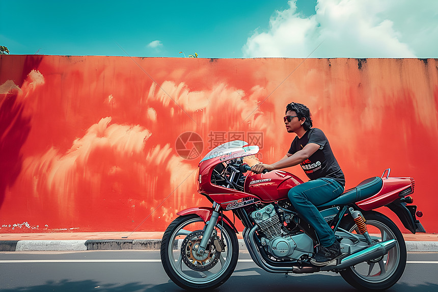 城市中骑行摩托车的年轻男子图片
