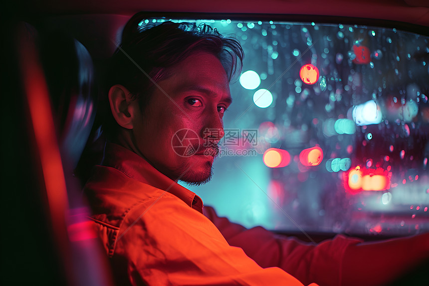 夜幕下汽车中的年轻男子图片