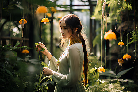 女子站在植物旁边的女人图片