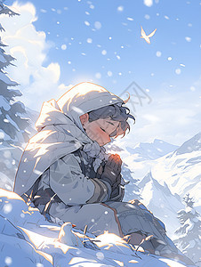 坐在雪地的男孩背景图片