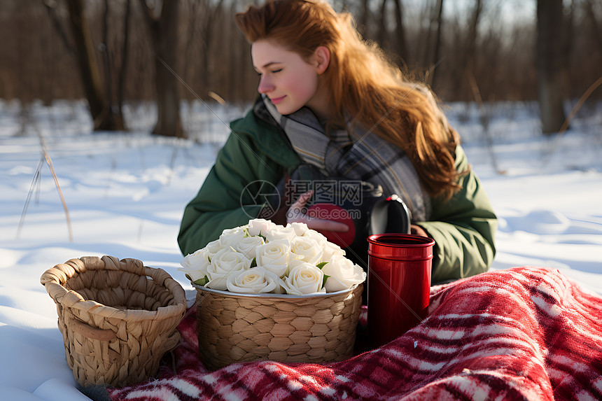 雪地野餐的女子图片