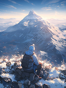 冬季雪山探险的小男孩背景图片