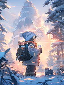 雪山丛林中探险的小女孩背景图片