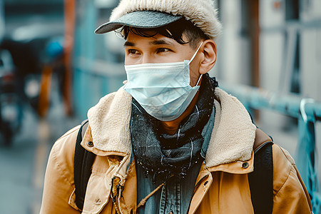 防护流感病毒的年轻男子图片