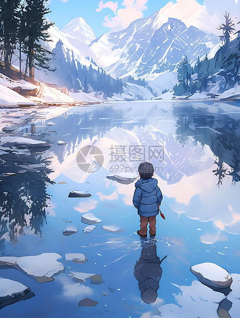 冬季雪山湖中的小男孩图片