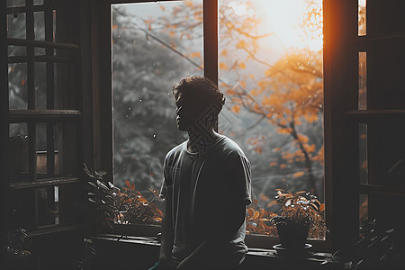 雨天窗前站立的男人高清图片