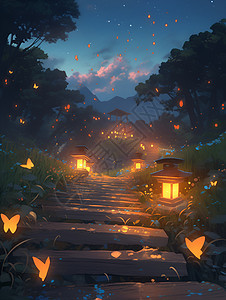 夜色山径灯笼与萤火虫相伴图片