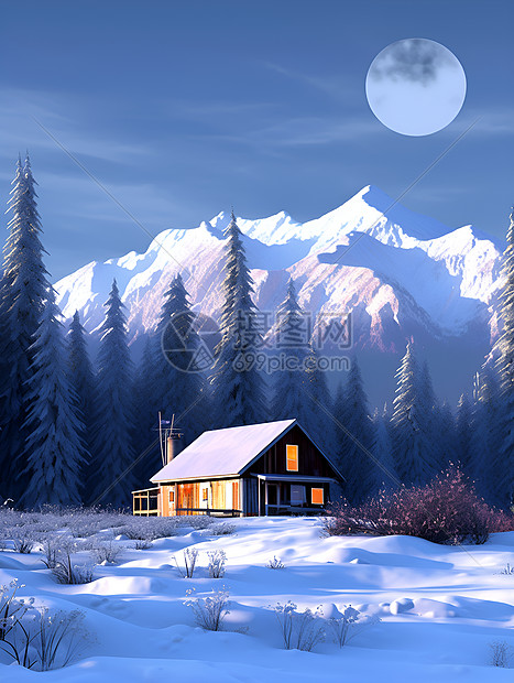 冬季雪山木屋的卡通插图图片