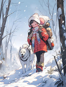 冬季雪山中的小女孩和孤狼背景图片