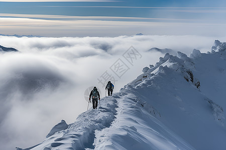 冬季雪山中的旅者背景图片