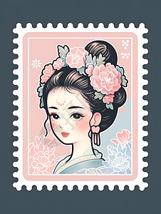 卡通风格的邮票少女插图图片