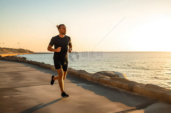 清晨海岸线上跑步锻炼的男子图片