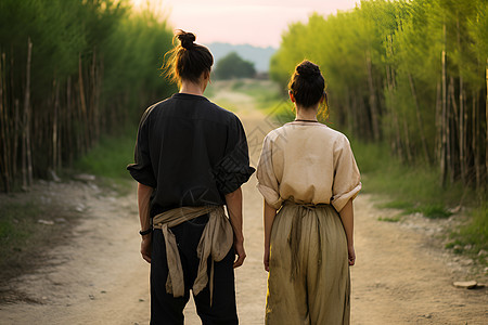 夫妻共赏林中道路图片