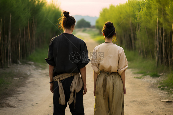 夫妻共赏林中道路图片