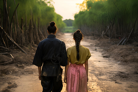 夫妻步行在林间的路上图片