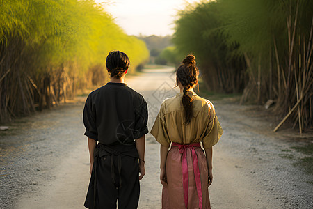 站在道路上的一对男女图片