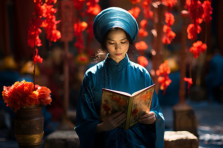 花间蓝衣女子背景图片