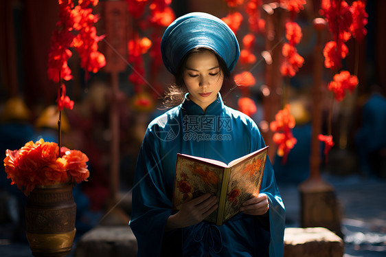 花间蓝衣女子图片