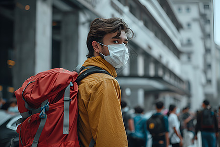 背着红色背包的男人图片