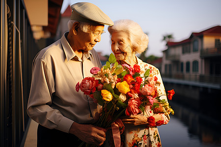 一对老年夫妻手牵手拿着花束背景图片