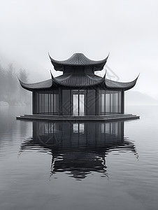 湖面上建筑的传统亭子图片
