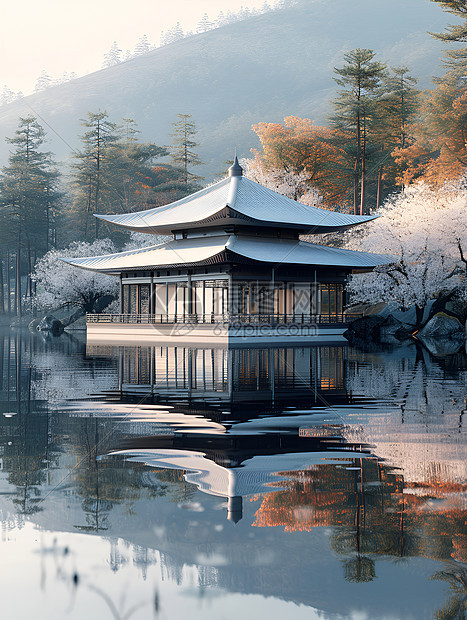 水面上的复古建筑图片