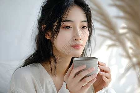 喝茶的年轻女性图片