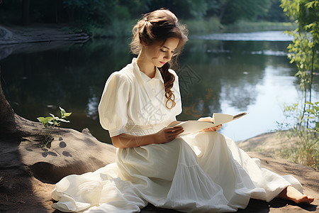 河边阅读书本的女孩图片