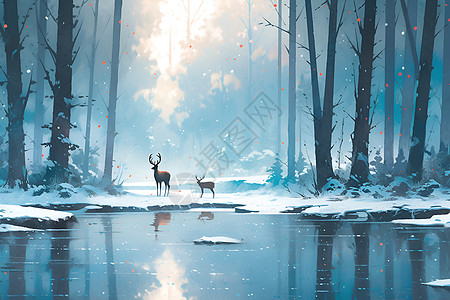 森林湖畔边的小鹿背景图片