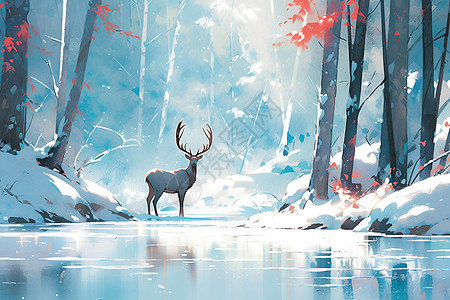 冬季森林中的小鹿背景图片