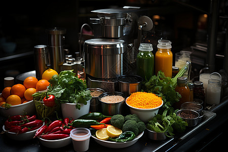 桌子上的榨汁机和食物背景图片