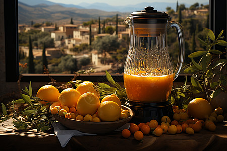 桌面上的橙子和榨汁机图片