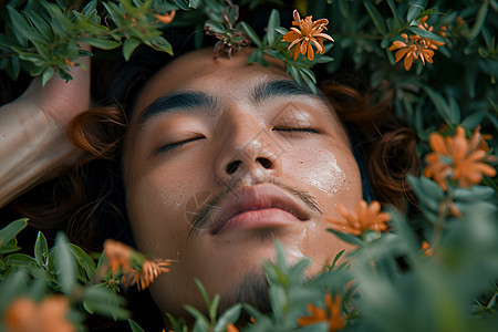 植物丛中的男子图片