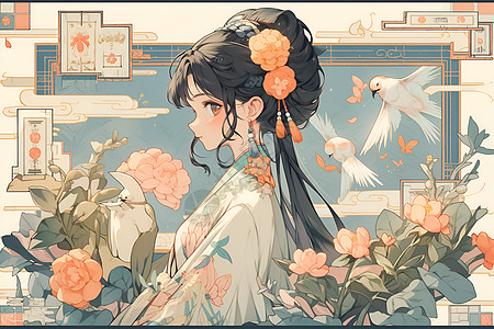 少女与花鸟背景图片
