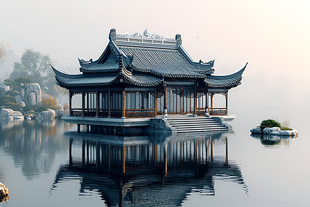 水中坐落的中国亭图片