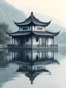 湖畔悠然的中国建筑图片